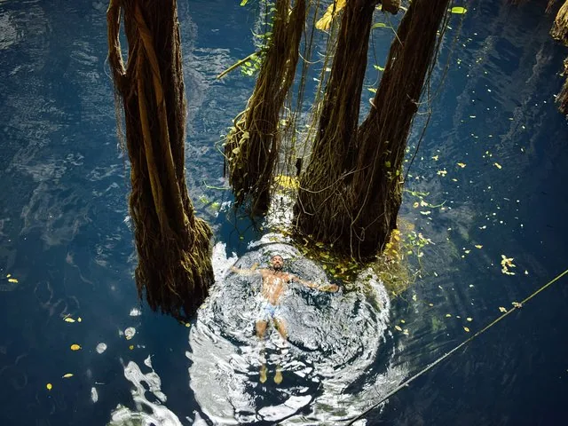 Une personne flotte sur le dos dans un cénote entouré de racines d’arbres.